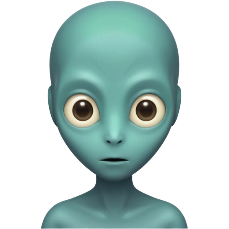 Portrait of an alien with smooth greenish-blue skin, large black oval eyes, small nose, and no visible ears, elongated head, front-facing, wearing brown t-shirt, soft glow, simple futuristic design emoji
