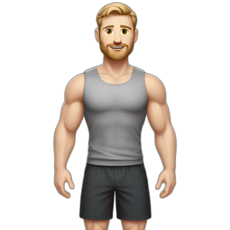 Full height Pale skinned fit man With biceps, Realistic eyes and mouth, light brown hair and stubble In dark gray sleeveless mike, black oversize sports shorts, watch and white sneakers. emoji
