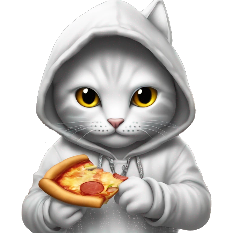 A hooded cat is holding btc in his hand , sweeter and Night-themes, Behind it is written pizza and JR crypto emoji