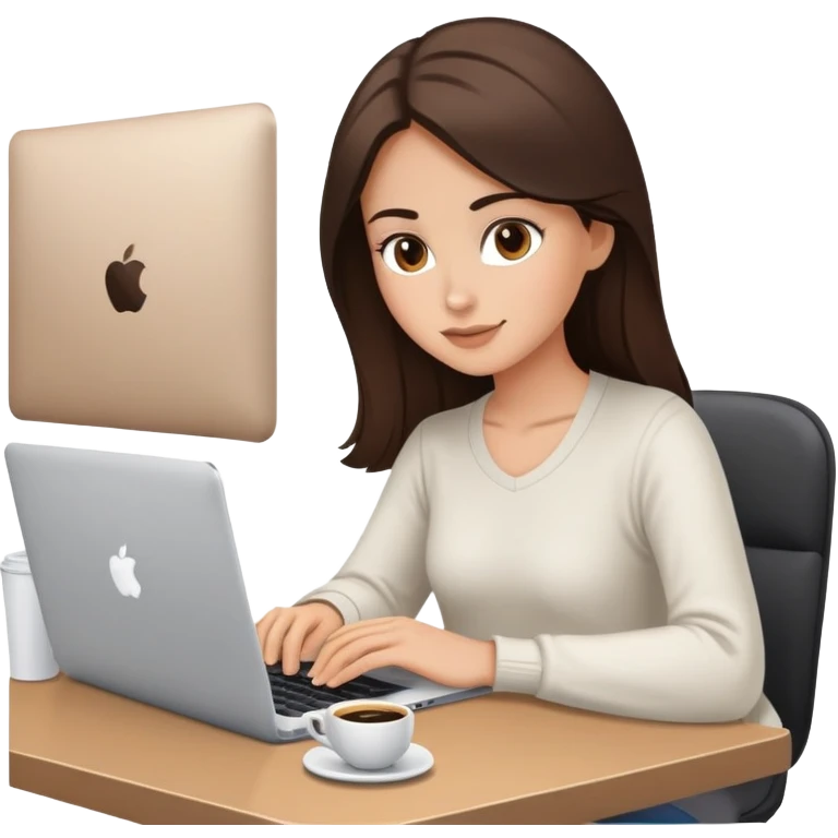 white brunette girl with laptop and coffee sitting at desk emoji