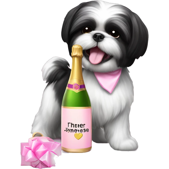 A cute black and white shih tzu playing with a pink bottle of champagne  emoji