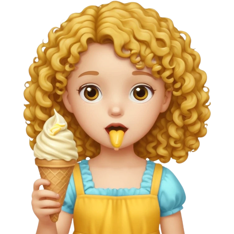 a little girl kid with curly hair, yellow dress, eat ice cream emoji