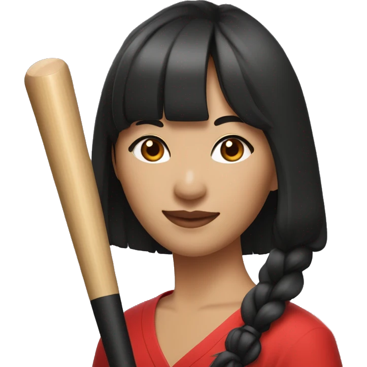 Asian Woman with full bangs, smiling, red water on face, long black hair, hoop earrings, red dress, holding a baseball bat emoji