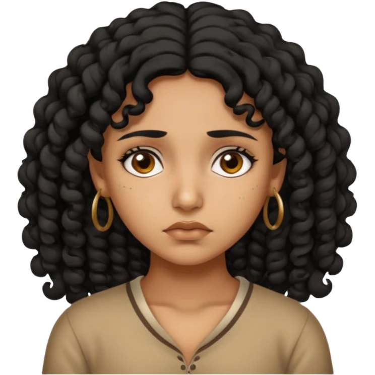a tan pretty bratz indian girl with curly black hair, looking sad emoji
