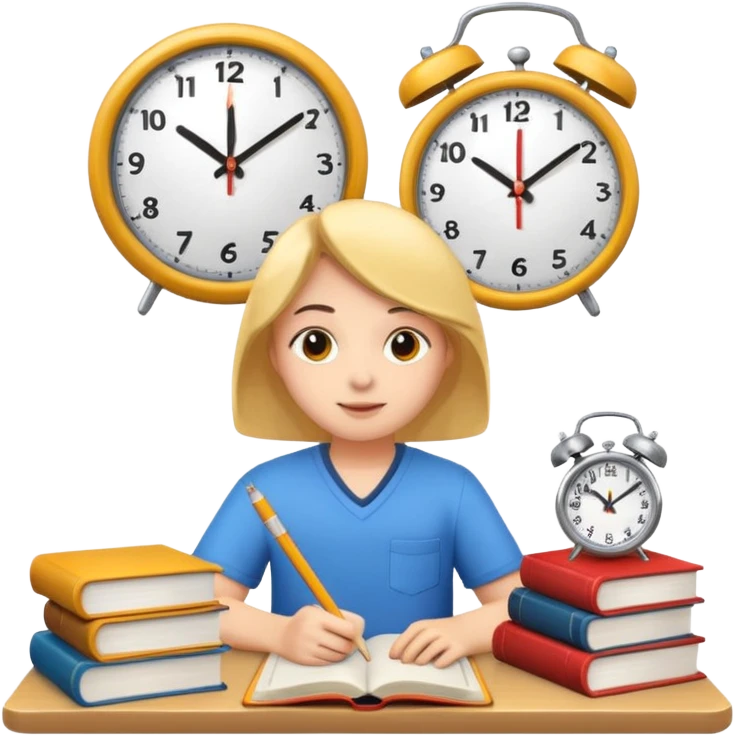 emoji student studying hard with books and clock, motivated, white background emoji