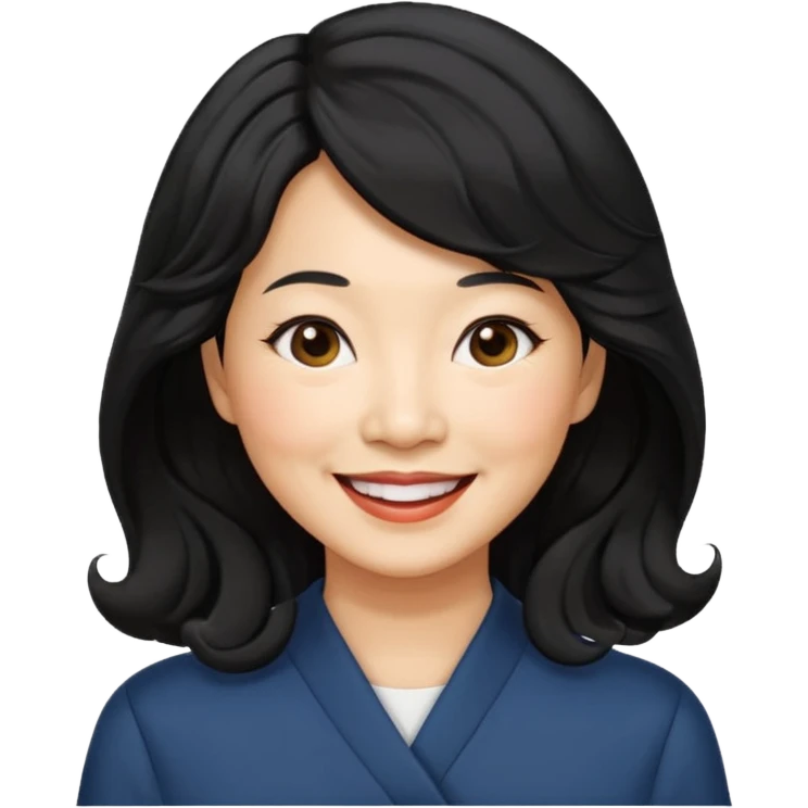 60 yr old asian woman, wavy thick black hair, side part, side swept bang, big smile emoji