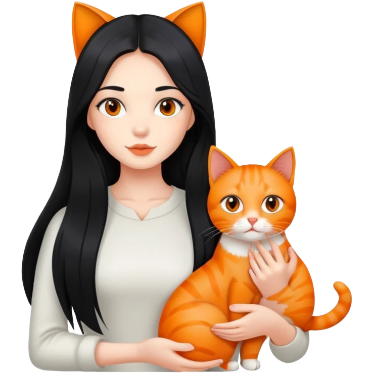 A beautiful girl with fair skin and long black hair is holding two orange cats emoji