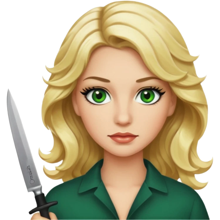 Emoji femme blonde cheveux blond ondulé, yeux vert avec de long cils noir qui porte un couteau emoji