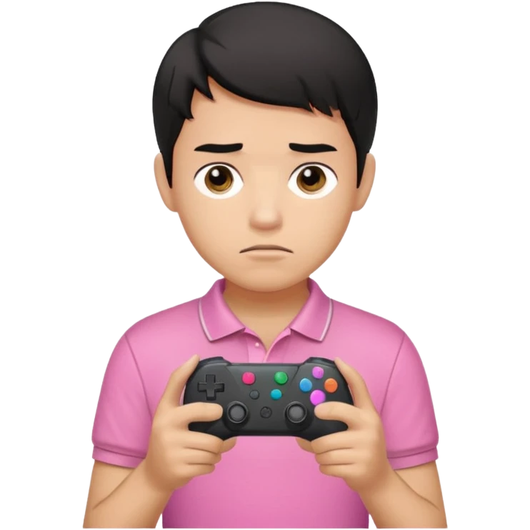 generate a pretty tan bratz boy with a pink polo. Holding a gaming controller in hand. Black hair.looking sad emoji