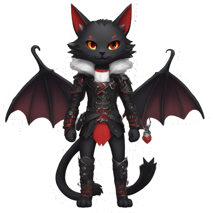 cool edgy elegant beautiful black punk red fantasy nargacuga-bat-cat-Fakemon collar harness warrior full body emoji