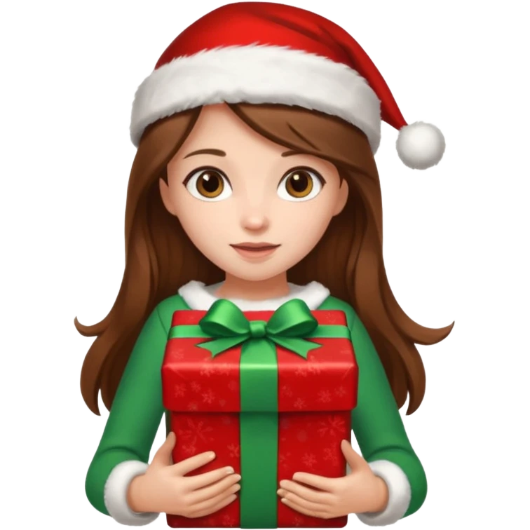 a girl with long brown hair wearing a christmas clothes and holding a gift emoji