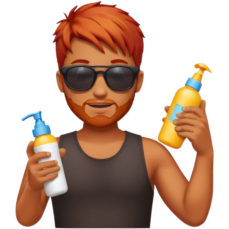 male red haired with suncream bottle and sunglasses, with sun burned emoji