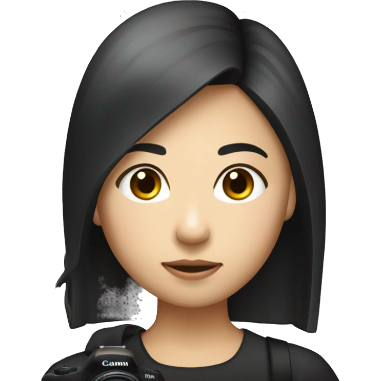 "A woman of Asian descent, with bangs and her hair tied back, dressed in black girl taking photo with canon camera emoji