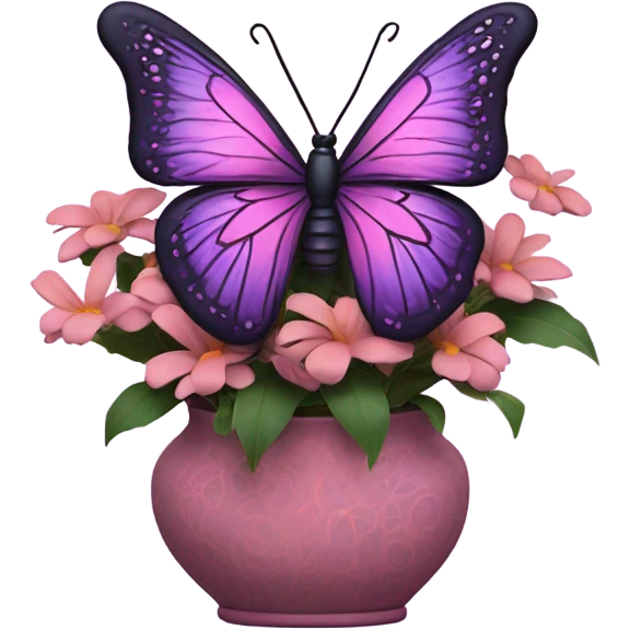 Aesthetic butterfly with purple and pink wings sitting on a dark purple bouquet of Brats in a pastel pink vase  emoji