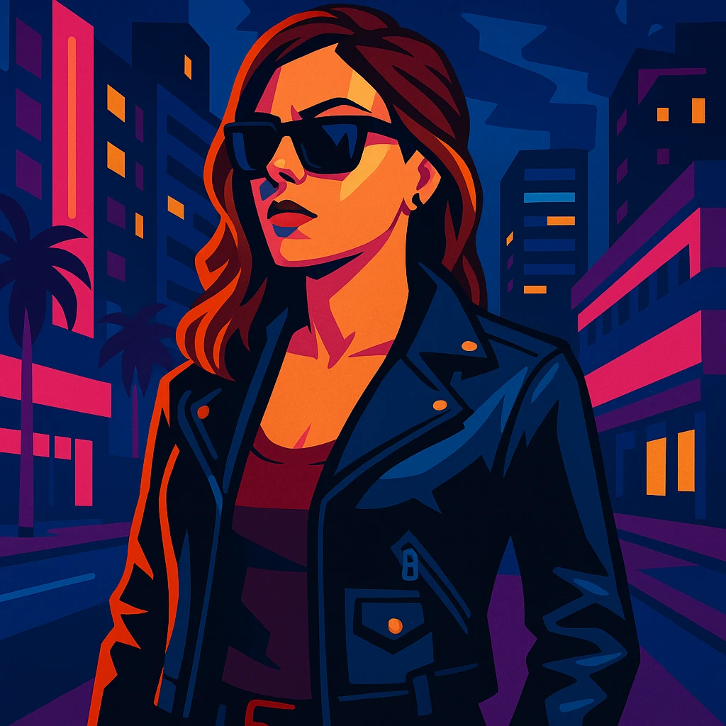 GTA5 inspired female character, leather jacket, sunglasses, city at night, neon lights, vibrant toon style emoji