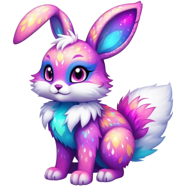 Vibrant multicolored neon-colored Falvie-Fionbri-creature-sparkle-bunny-hybrid-fursona, full body, fur pattern-markings emoji