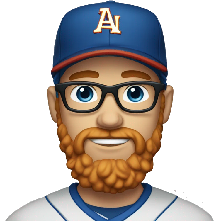 35 year old, male, short curly red hair, pale, thick beard, blue eyes, glasses, baseball hat emoji
