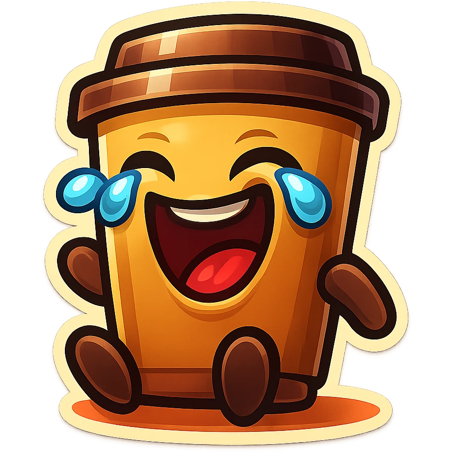 Tall coffee cup, laughing hard, tears in eyes, sitting on ground, tilted back, dramatic laugh emoji