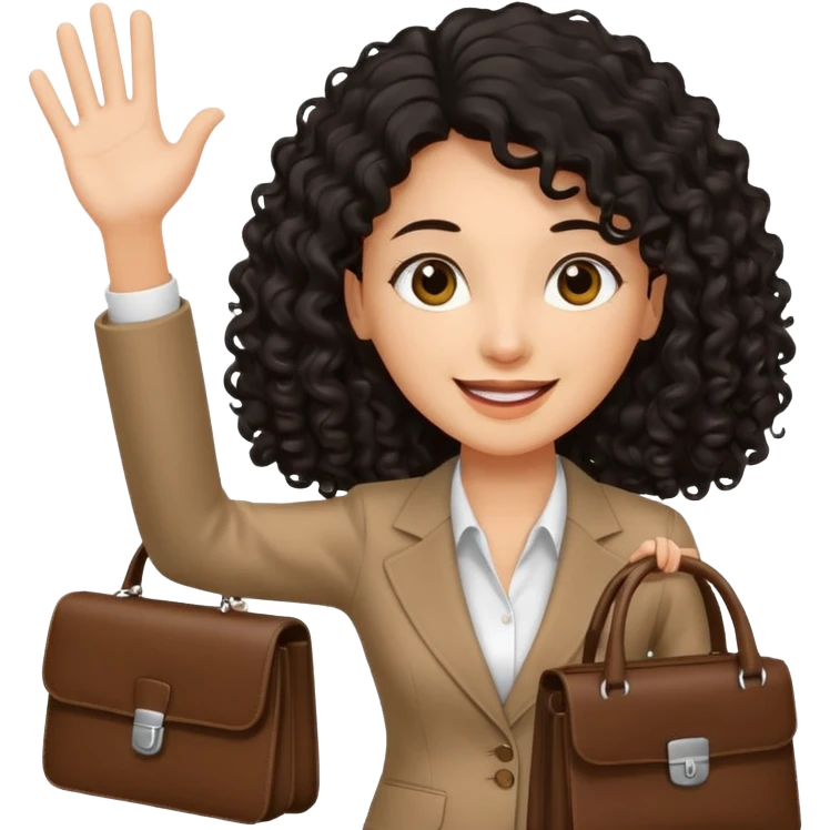 medium deep tan brown business woman with long black curly hair, waving hand with happy face and holding a close laptop and carrying a bag on her dhoulder emoji