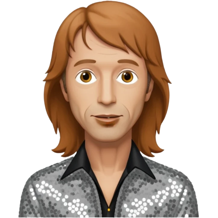 Robin Gibb from Bee Gees with light grey sequin outfit, long auburn hair emoji