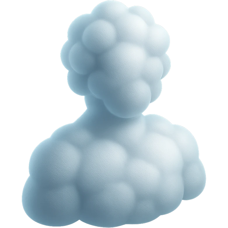 front view of a person made entirely of white fluffy convex clouds, shoulders visible, matte glass style emoji
