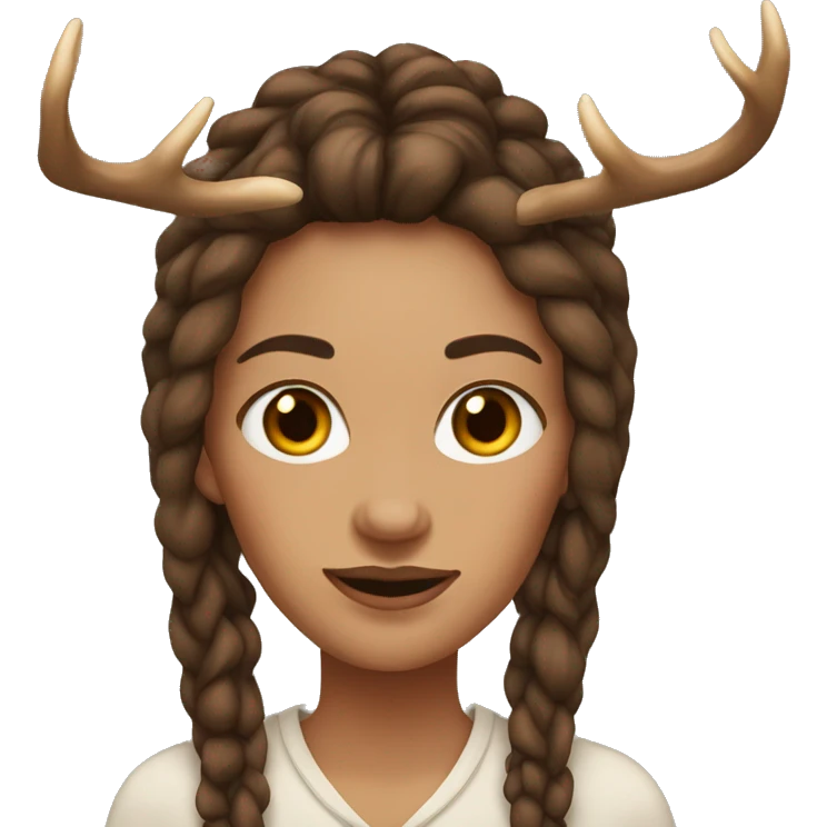 Portrait. Woman has deer antlers, Long brown dreadlocks. Her skin-tone is pale emoji