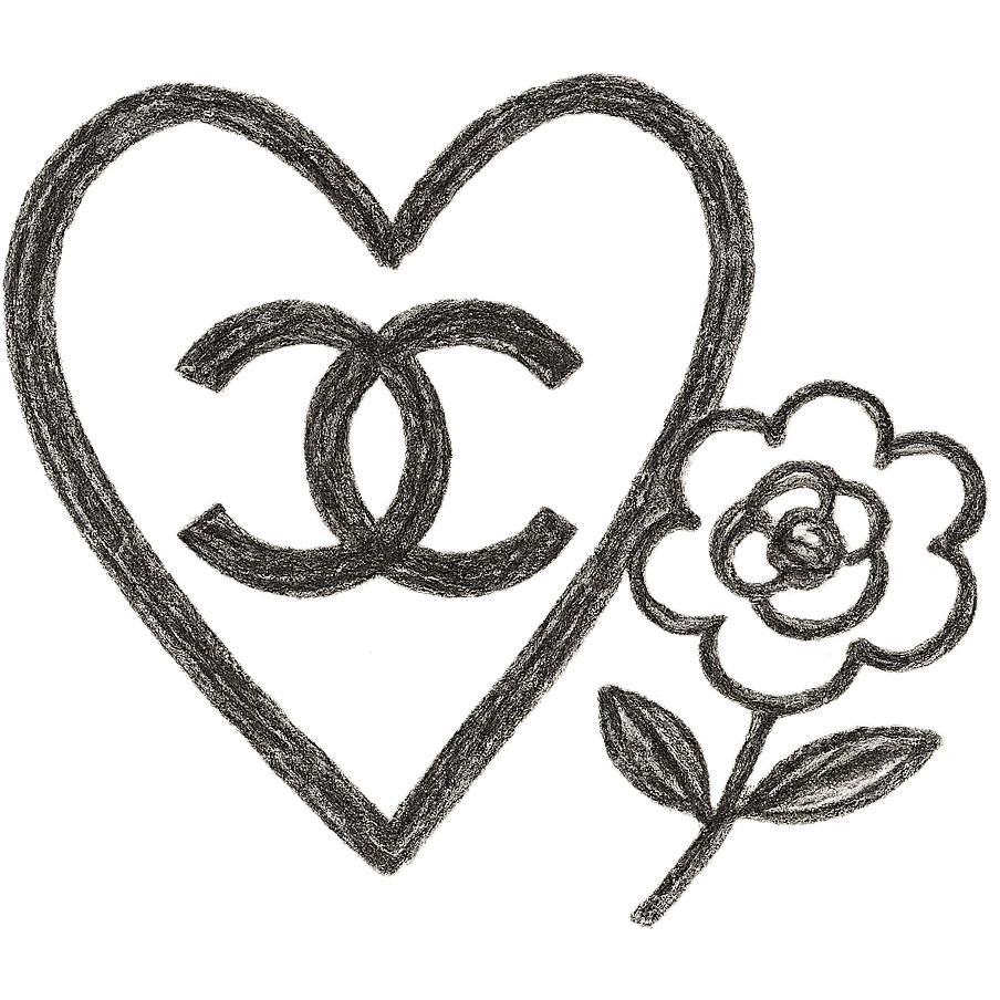 Chanel heart, playful, black and white, with a camellia flower, children doodle style emoji