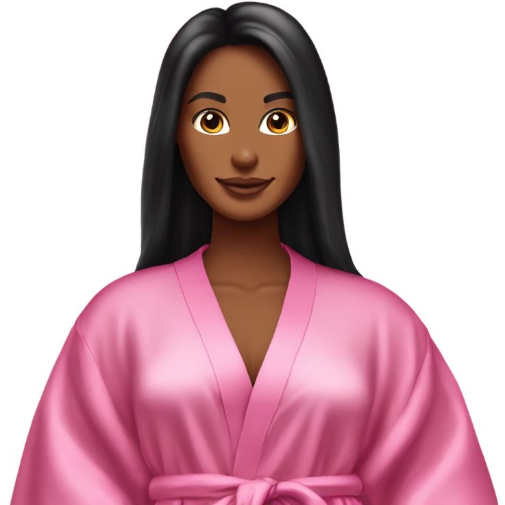 Tanned woman with long black hair wearing a silk pink Victoria’s Secret robe emoji