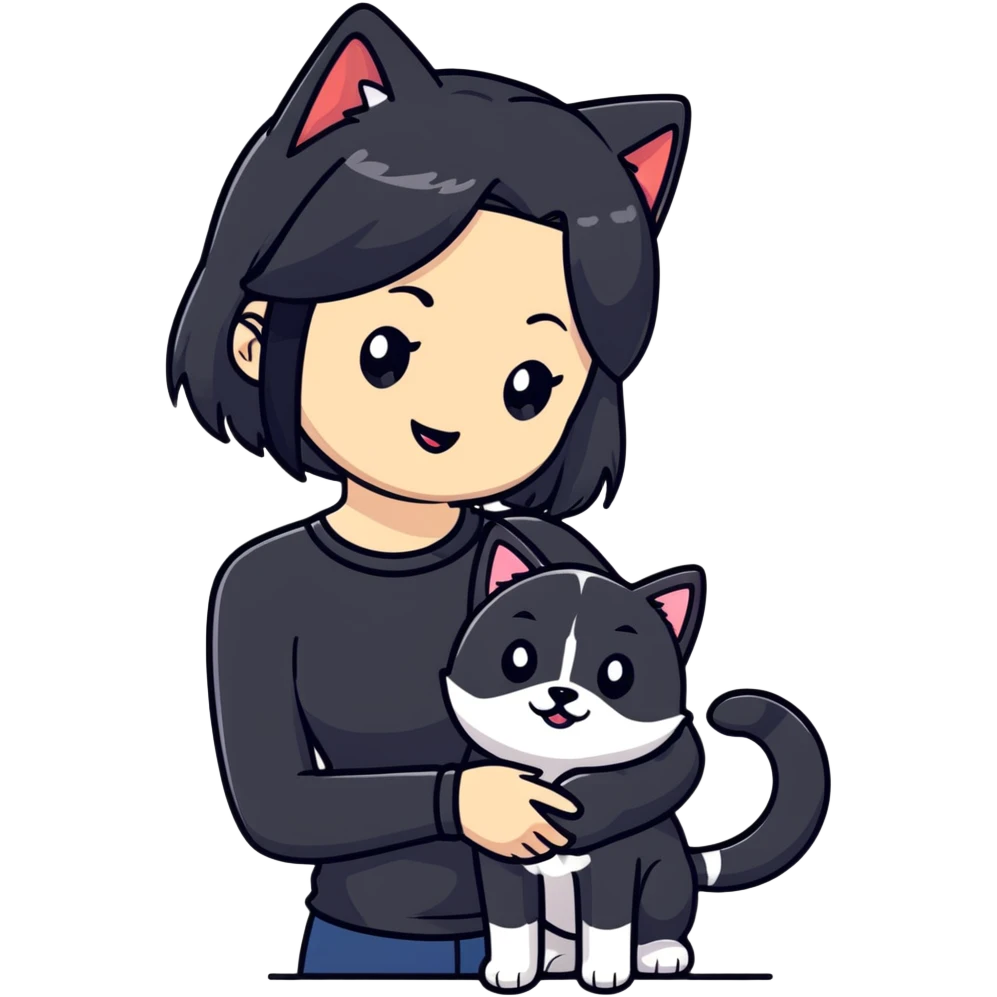girl with black shoulder-length hair wearing a black tight-fitting top with a calico cat with white mouth and a shiba inu dog emoji