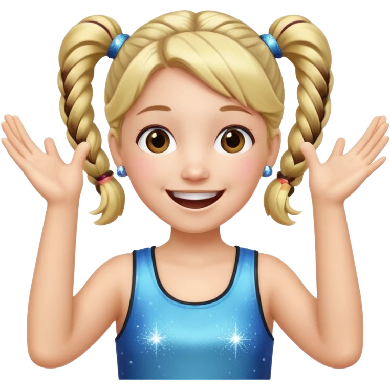 A girl with pigtails and a sparkly top, cheering with both hands raised and a huge smile. emoji