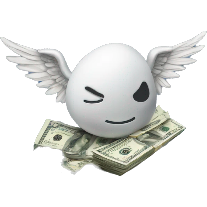 A wad of dollars with wings lies on a cloud emoji