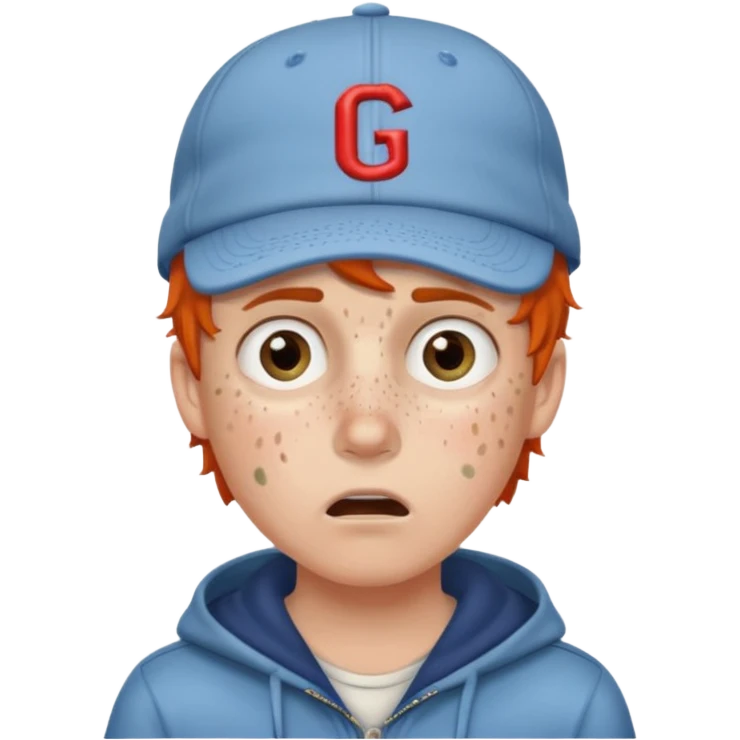 Um garoto branco, com a feição de assustado, usando um boné da Guccy emoji