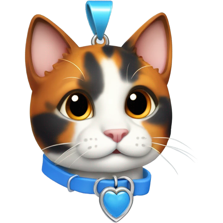 happy cute tortoiseshell white cat with blue cat collar with orange pendant, full body,  from half side perspective  emoji