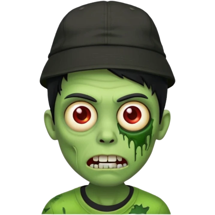 Green zombie, black hair, designer cap turned to the left, black shirt. Apple iOS style. emoji