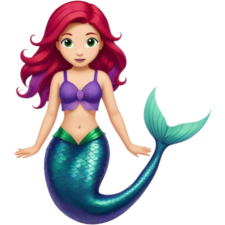 Disney Ariel mermaid with red hair swimming, green fish tail, purple top emoji