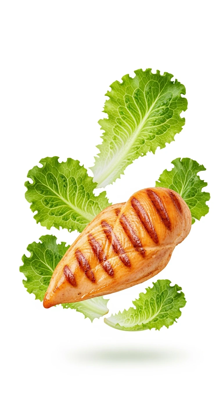 foglie di insalata fluttuano in aria insieme a petto di pollo grigliato, iperrealistico 4k, ISOLATA SU SFONDO BIANCO emoji