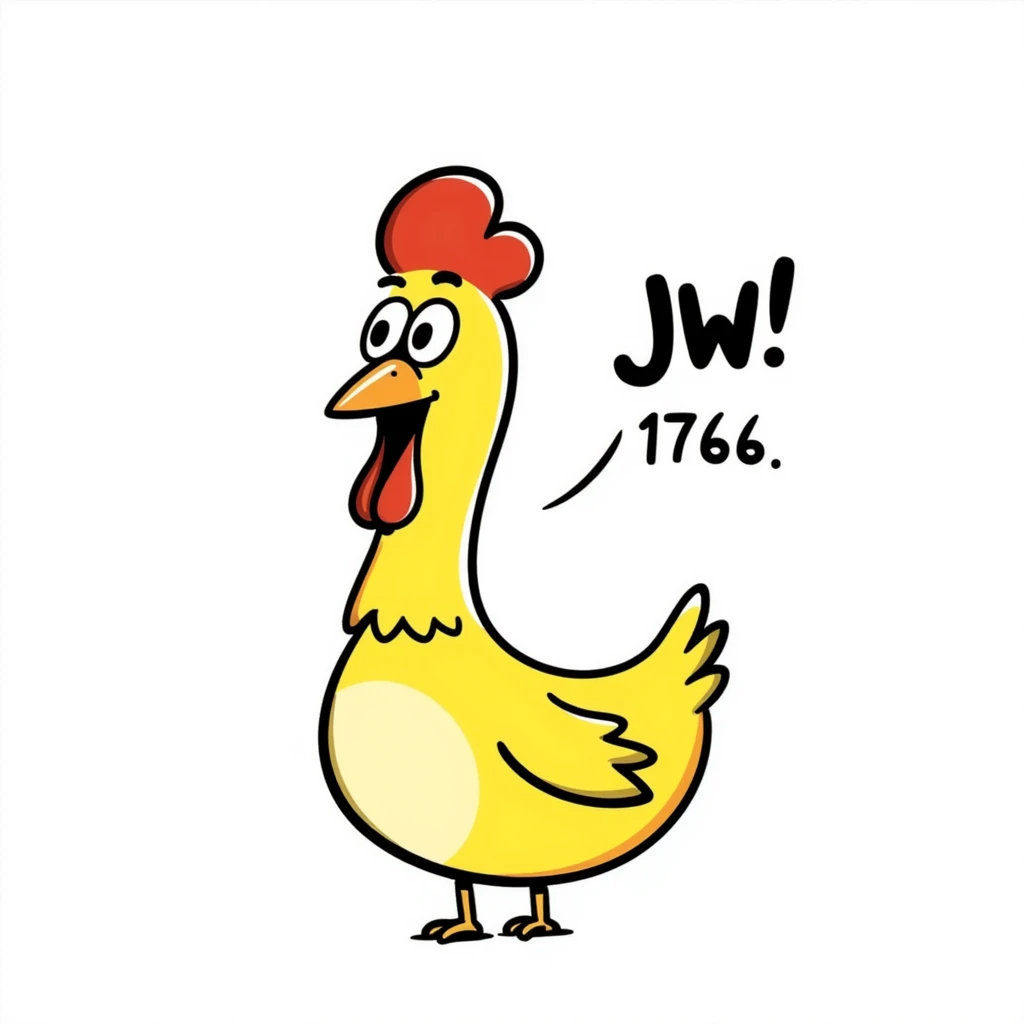 cartoon style shouting yellow long neck chicken with a funny expression, 'JW 1776' in a speech bubble emoji
