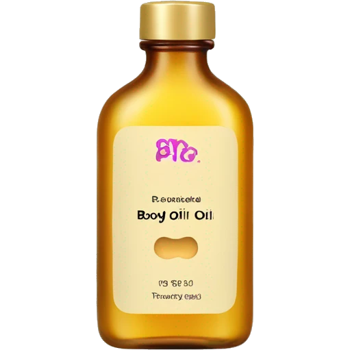 bottle of body oil with label emoji