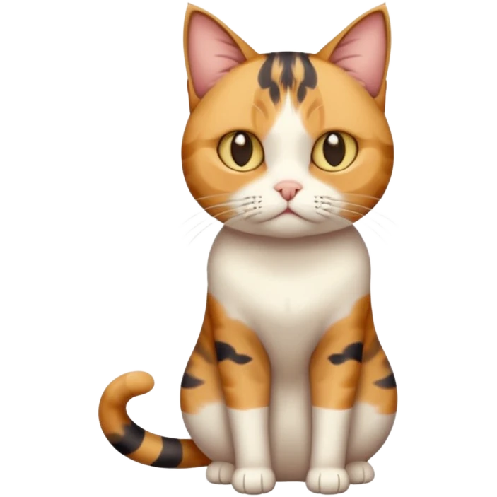 full body calico tabby cat with skinny head and fat body with an anxious face emoji