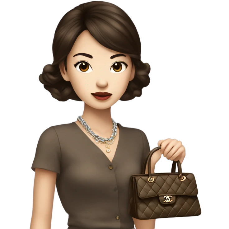 Realistic brown hair blue eyes Chanel Asian Girl with Birkin bag and Chanel necklace emoji
