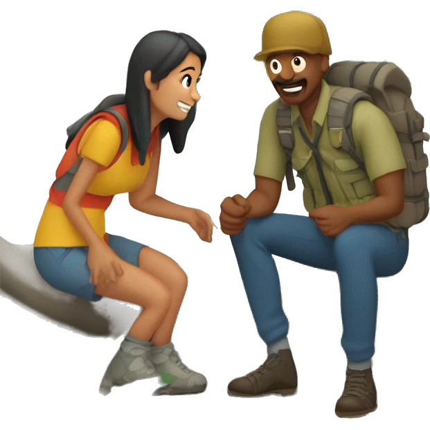 mujer y hombre acampando a la orilla de un lago con montañas de fondo emoji