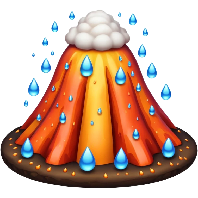 A cute, round emoji-style volcano with a smooth, simplified shape and soft shading. 
Instead of lava, the volcano erupts with colorful water droplets that pop upward in playful arcs. 
 emoji