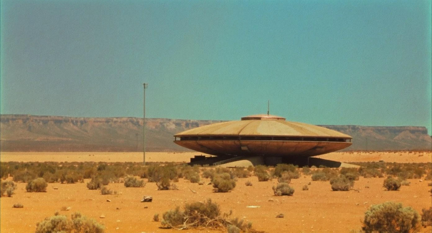 Cinematic still from 1990s Retro Space movie, film called Retro Futurism, Establishing scane showing desert with single small abandon futuristic bulding, big landscape in background showing loneliness emoji