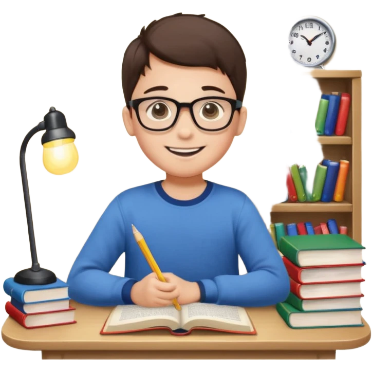 un niño de entre 3 - 10 años estudiando ingles, un destello de luz o colores más vivos para el niño que estudia en su habitacion feliz  emoji