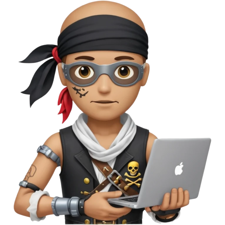 pirate with a robotic arm, holding a laptop, wearing a bandana and eye patch, digital era pirate emoji