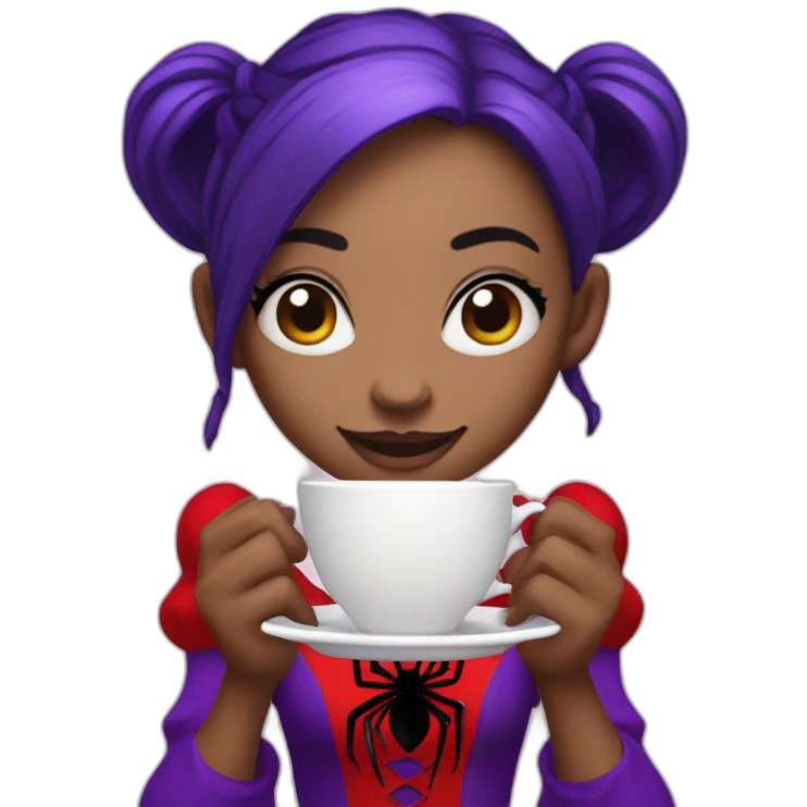 a spider girl with purple skin with pigtails and a red dress and holding teacups in all of her four arms emoji