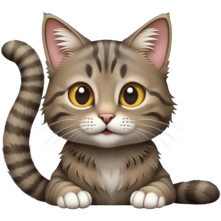 cinematic-[grey brown tabby cat]-realistic-emoji,-tail-curled-playfully-around-its-paws,-head-tilted-dramatically,-scruffy-[grey]-fur,-simplified-yet-realistic-focused-features,-highly-detailed,-glowing-with-an-almost-sarcastic-glow emoji