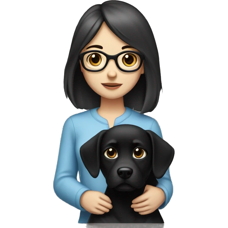bob haired Brunette with glasses and blue eyes Girl with black shitshu dog. Girl has blue eyes emoji