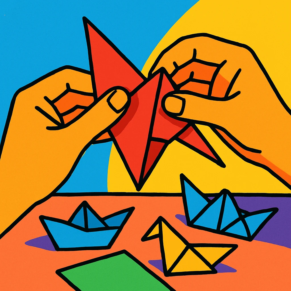 a pair of hands folding origami, vibrant toon style emoji