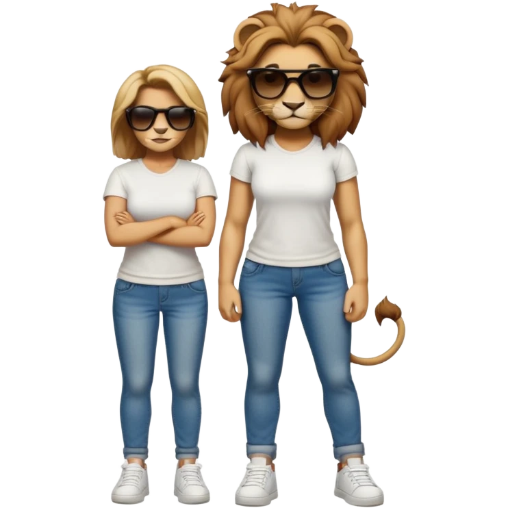 friendly anthropomorphised female lion, full body, standing confidently with legs shoulder width apart, arms folded, wearing jeans, white t-shirt, dark sunglasses, trainers, determined expression emoji